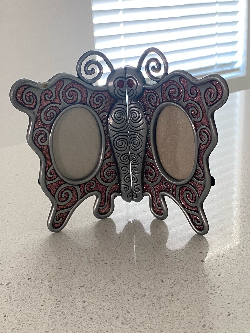 Double vintage photo frame with butterfly design; miniature model